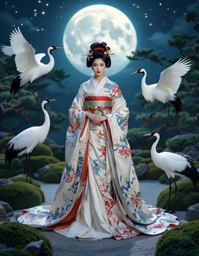 A woman dressed in traditional Japanese attire stands in a serene garden setting, with five white storks flying around her and a full moon rising behind the trees.