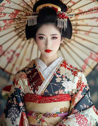 A young woman wearing traditional Japanese attire stands against a white background with her head turned towards the camera and an umbrella draped over her shoulder.