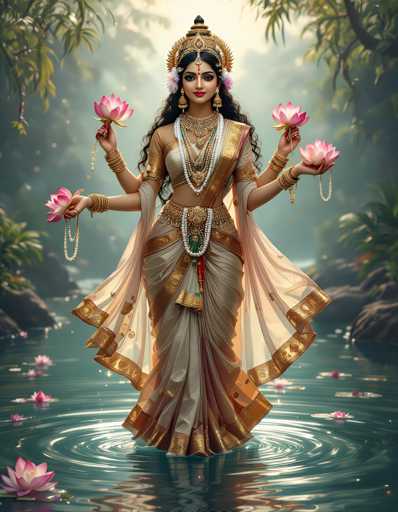 A woman is depicted as the central figure in a painting. She is adorned with a white and gold sari, which is complemented by a pink headpiece and earrings. The woman holds two lotus flowers in her hands, one of which has a gold chain attached to it. Her hair is styled in an elegant updo, and she stands on the water's surface, surrounded by lush green trees and bushes.
