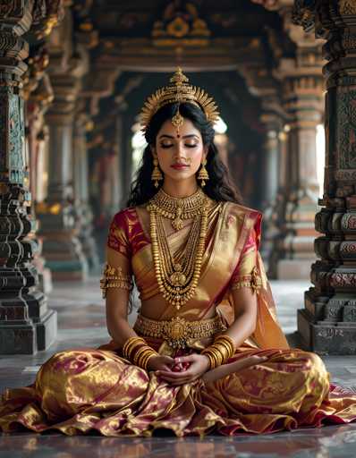 A woman dressed in traditional Indian attire is seated on a floor within an ornate temple. She wears a vibrant red and gold sari with intricate gold jewelry, including a crown on her head. The background features columns and statues that contribute to the grandeur of the scene.