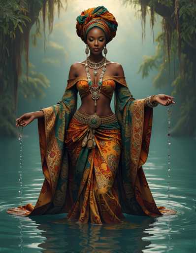 A woman is captured in a moment of tranquility, standing on the water's edge with her hands gently resting on her hips. She is adorned in an ornate dress that blends shades of orange and green, complemented by a turban wrapped around her head. The background features lush trees and foliage, creating a serene and natural setting for this portrait.