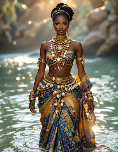 A woman is captured in a moment of tranquility on a body of water. She is adorned with an intricate gold and blue dress that cascades down her back, complemented by a headpiece featuring large earrings and a necklace. The woman's hair is styled in an elegant updo, adding to the regal appearance. Her hands are gently placed on her hips as she gazes out at the water, creating a sense of serenity and grace.