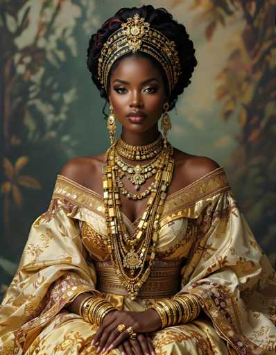 A woman with dark hair and a gold headpiece is seated against a green background adorned with trees. She wears a beige dress that features intricate gold designs on the sleeves and collar. The woman's hands are placed on her lap as she gazes directly at the camera.