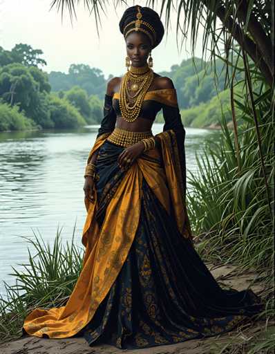 A woman is standing on a riverbank wearing an ornate gold and black dress with a yellow headpiece and gold jewelry. The background features lush green trees and bushes.