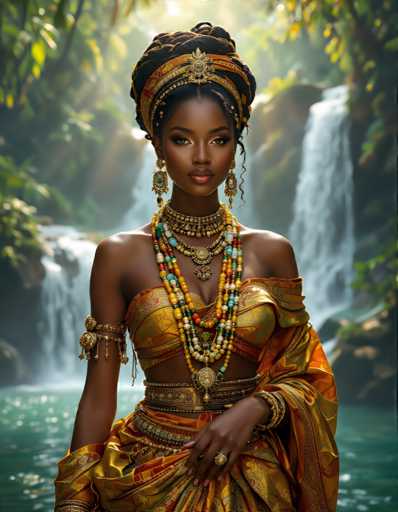 A woman with long dark hair wearing a gold headband and necklace stands before a waterfall, holding a gold chain around her neck.
