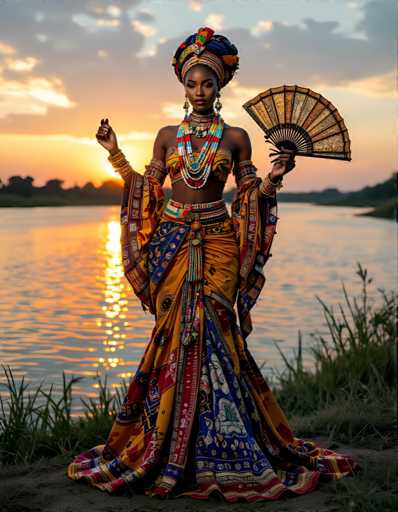 A woman is standing on a grassy area next to a body of water at sunset. She is wearing an ornate dress with colorful patterns and beads that complement the warm hues of the setting sun reflected in the water. The woman holds a fan in her right hand while wearing a headpiece adorned with colorful beads.