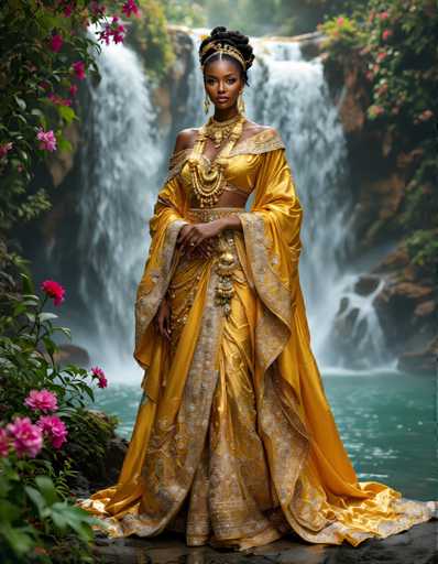 A woman is standing in front of a waterfall wearing an ornate gold and white dress with a large headpiece and jewelry. The waterfall is surrounded by pink flowers on either side, creating a serene and picturesque scene.
