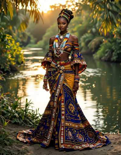 A woman is standing on a dirt path next to a river, wearing a blue and gold dress with a long train that flows behind her as she gazes at the water.