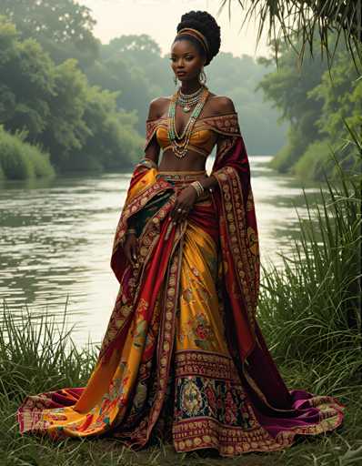 A woman is standing on a grassy bank next to a river wearing an ornate gold and red dress with a matching headpiece and earrings.