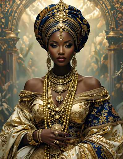A woman with dark hair and a blue headband is the central figure in this image. She is wearing a white dress adorned with gold accents and has multiple pieces of jewelry on her body, including a large gold headpiece that sits atop her head. The background features an archway, adding to the regal atmosphere of the scene.
