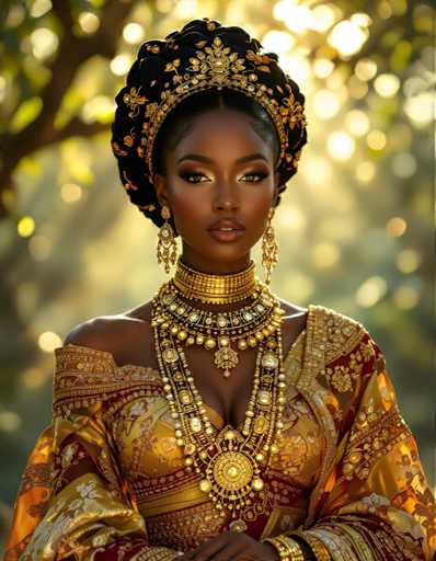 The image shows a woman with long dark hair wearing traditional African attire and jewelry. She is standing against a blurred background of trees and foliage, suggesting an outdoor setting or natural environment. The woman's gold jewelry and headpiece are the main focus of the image, which appears to be a portrait-style photograph.