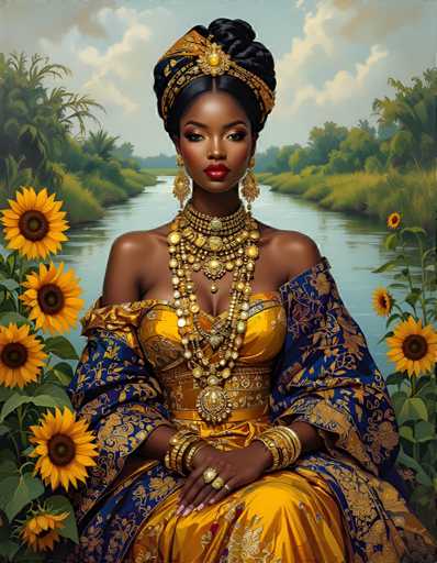 A woman is seated on a bench surrounded by sunflowers and palm trees. She wears a gold and blue dress with a large headpiece and earrings. The painting has a realistic style with an emphasis on the natural elements of the scene.