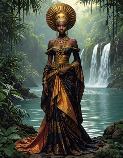 A woman stands majestically on a rock by a waterfall, wearing an ornate gold headdress and a black and gold dress with intricate patterns. The background is filled with lush green foliage, creating a sense of tranquility and harmony with nature.