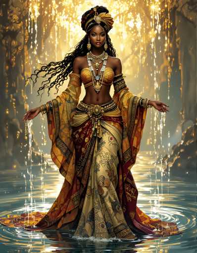 A woman with long hair and a gold headband is depicted as the central figure in this digital illustration. She is wearing an ornate dress that features intricate patterns of gold and red hues. The background of the image is filled with water, creating a sense of depth and enhancing the overall visual appeal of the artwork.