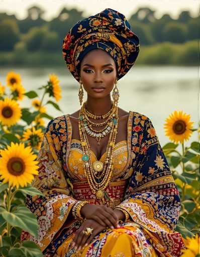 A woman is seated on a bench surrounded by sunflowers and trees. She wears a traditional African outfit with gold jewelry and a blue head wrap adorned with flowers. The image has a vintage feel to it, suggesting the photo was taken in the past.