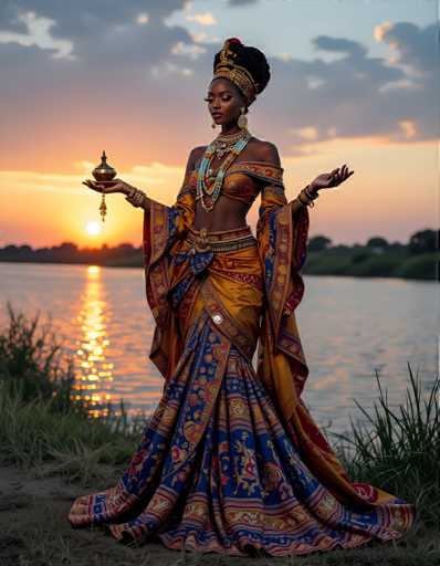 A woman is standing on a grassy area with her arms raised high above her head and holding a golden object in one hand while wearing an ornate gold and blue dress that flows down to the water's edge. The setting sun casts a warm glow over the scene, creating a serene atmosphere.