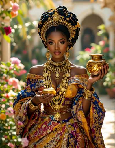 A woman is standing in front of a white building with pink flowers and holding a gold pot on her right hand while wearing a colorful, ornate dress that includes a headpiece adorned with gold and blue jewels.