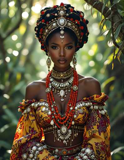 A woman with long dark hair wearing a gold headpiece and necklace stands in front of trees in a forest setting.