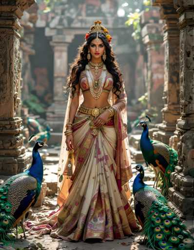 A woman wearing traditional Indian attire stands in front of a stone archway adorned with peacocks and other birds. The peacock closest to her has its tail spread wide, while the others have their heads turned towards her.
