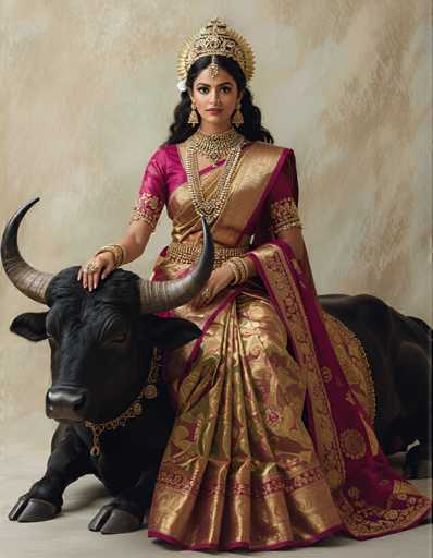 A woman is seated on a black cow statue wearing traditional Indian attire consisting of a pink and gold saree with a matching headpiece. The cow statue has horns and a gold chain around its neck.