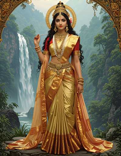 A woman dressed in traditional Indian attire stands majestically on a rock, with her hair styled in an elegant updo and adorned with intricate jewelry. The backdrop is a lush green forest, with a waterfall cascading down the rocks behind her.