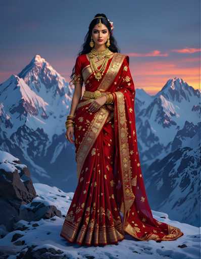 A woman is standing on a snowy mountain peak wearing traditional Indian attire consisting of a red and gold sari with a matching gold headpiece and earrings. She is also wearing gold jewelry that complements her outfit. The backdrop features snow-capped mountains under a clear blue sky, creating a serene and majestic atmosphere.