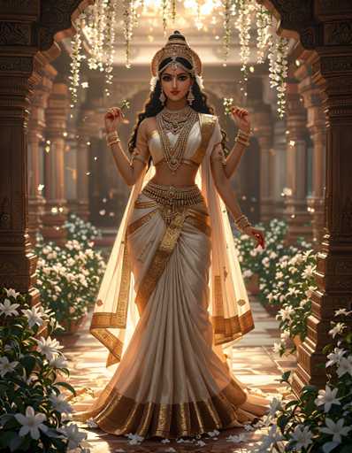 A woman is depicted wearing traditional Indian attire consisting of a white sari with gold accents and a gold headpiece. She holds a flower in her hand and stands in front of a doorway adorned with flowers. The background features columns and other architectural elements typical of an Indian palace or temple, suggesting the scene may be set within such a structure.