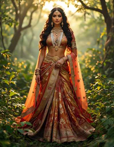 A woman is standing in front of a forest with trees and bushes behind her. She is wearing an orange and gold saree that flows down to the ground, and she has a gold necklace around her neck. The background features green foliage from which sunlight filters through, creating dappled shadows on the forest floor.