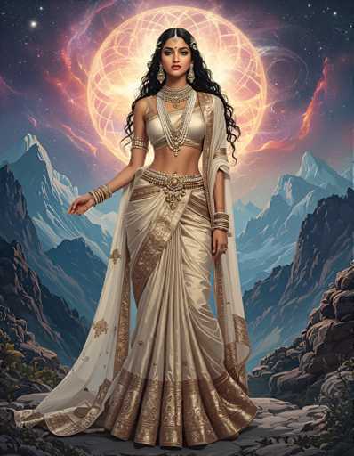 A woman is depicted wearing traditional Indian attire consisting of a white saree with gold embroidery and a gold headpiece adorned with jewels. She stands on a rocky cliff overlooking a mountainous landscape under a starry night sky.
