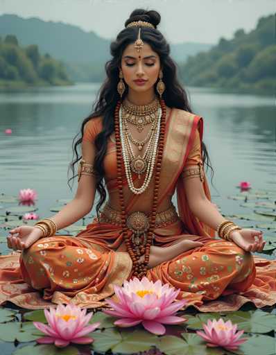 A woman is seated on her hands with her legs crossed and wearing an orange saree adorned with gold jewelry. She has a large headpiece on her head and is surrounded by pink flowers. The setting appears to be near water, possibly a lake or river, as there are trees visible in the background.