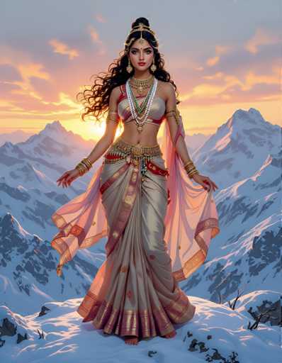 A woman is depicted wearing traditional Indian attire consisting of a pink and gold sari with a matching headpiece and earrings. She stands on a snowy mountain peak against the backdrop of a sunset, with her hair styled in loose waves that fall over her shoulders. The image does not contain any discernible text or countable objects.