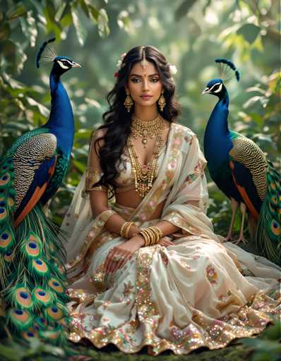 A woman is seated on a lush green carpet in front of two peacocks with blue and gold feathers. The peacock on the left has a long tail feather that appears to be blue, while the peacock on the right has a shorter tail feather that is orange. The woman is wearing traditional Indian attire consisting of a white saree adorned with pink and gold embroidery, and she is also wearing gold jewelry.