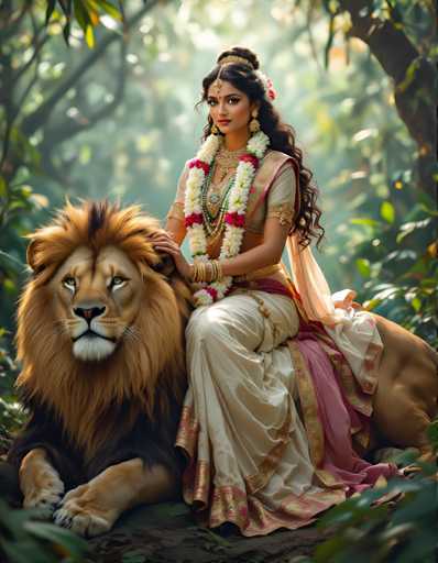 A woman is seated on a lion's back in a lush green forest. The woman wears traditional Indian attire and has a garland of flowers around her neck.