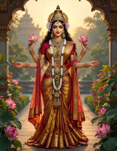 A digital illustration of a Hindu goddess dressed in traditional Indian attire, holding lotus flowers and surrounded by pink and white flowers.