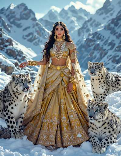 A woman wearing traditional Indian attire is standing on a snowy mountain with two majestic snow leopards. The woman's dress is gold and white, adorned with intricate designs that complement the surrounding natural beauty of the snowy landscape.