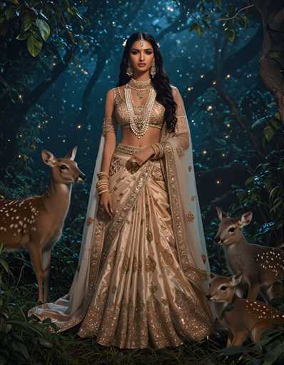 A woman is standing in front of a forest with deer and trees. She is wearing a gold dress that has a white train and earrings on her ears. The background features the dark blue sky and green foliage from the trees.