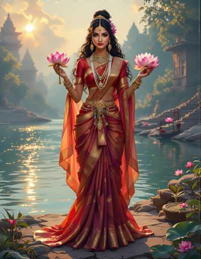 A woman dressed in traditional Indian attire stands on a stone platform overlooking a river with pink flowers and trees in the background. She holds two lotus flowers in her hands.