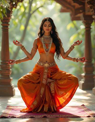 A woman dressed in an orange saree and gold jewelry is seated on a pink mat with her hands raised in the air, suggesting a moment of deep meditation or spiritual practice. The setting appears to be outdoors, possibly under a tree, as indicated by the presence of pillars nearby.
