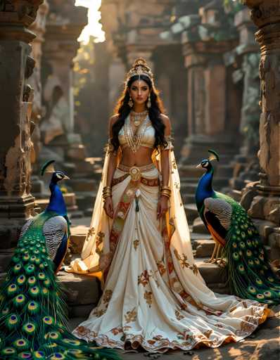 A woman dressed in traditional Indian attire stands on a stone platform with two peacocks on either side of her. The peacock on the left is adorned with blue and white feathers, while the one on the right has vibrant green and yellow plumage.