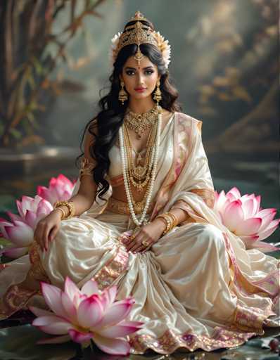 A woman is seated on her hands and knees with a white dress adorned with pink flowers and gold jewelry. She wears a crown on her head and has long dark hair styled in an elegant updo. The background features a lush green forest and water lilies floating on the surface, creating a serene and tranquil atmosphere.