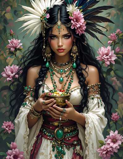 A woman with long dark hair wearing a white dress and headdress is the main subject of this digital illustration. She holds a bowl filled with pink flowers in her hands. The background features a green and brown color scheme, adorned with pink and purple flowers that complement the overall theme of the image.