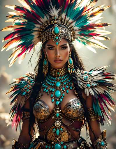 The image shows a woman wearing traditional Native American attire and headdress. She is standing against a blurred background, which suggests she might be in an outdoor setting or at a cultural event. The woman's attire includes a large headdress adorned with feathers and intricate beadwork, as well as a corset made of gold fabric that features a blue gemstone on the chest area.
The image does not contain any discernible text.