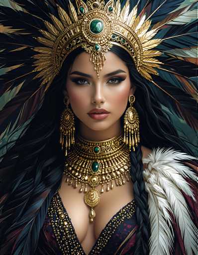 The image depicts a woman wearing a gold headdress and necklace with intricate designs. The background is a gradient of blue and green colors, creating a sense of depth and dimension. The woman's face is the focal point, accentuated by her dark hair styled in braids that fall over her shoulders. The overall style of the image suggests it could be from an ancient civilization or a fantasy world where gold jewelry was a symbol of wealth and status.