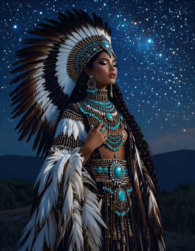 The image depicts a woman wearing traditional Native American attire, including a feathered headdress and a blue and gold necklace with turquoise beads. The woman is standing against the backdrop of a starry night sky, suggesting that she might be in a remote or natural setting.