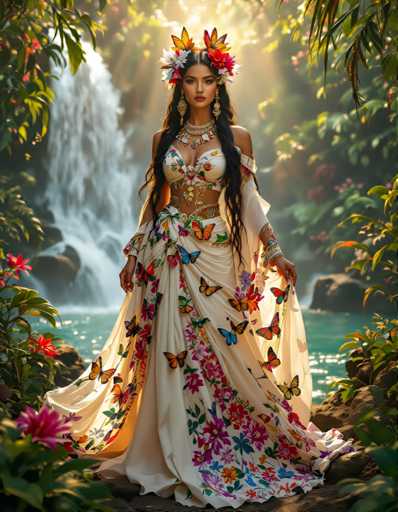 A woman is standing in front of a waterfall wearing a white dress with colorful butterfly patterns and gold jewelry. The waterfall is located behind her on the left side of the image, while the background features lush green foliage and trees.