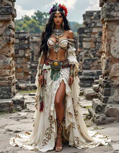 A woman is standing in front of a stone wall with her back turned towards the camera. She is wearing a white dress adorned with gold embroidery and a headpiece made up of colorful flowers. The woman's hair is styled in an elegant updo, and she is wearing earrings that match the colors of the flowers on her headpiece.
