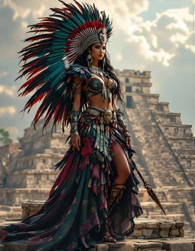 A woman is standing on a stone platform with her back to the camera, wearing a traditional Mexican costume that includes a large headdress and a long dress adorned with colorful patterns. She holds a spear in one hand and a shield in the other. The backdrop features a pyramid-like structure made of stone blocks, suggesting an ancient or historical setting.
