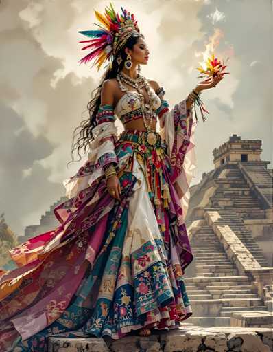 A woman is standing on a stone wall with her arms raised high and holding a large flower in one hand while wearing a colorful traditional Mexican dress that includes a headdress adorned with feathers. The background features a temple-like structure made of stone, suggesting the image was taken at an ancient site or during a cultural event.