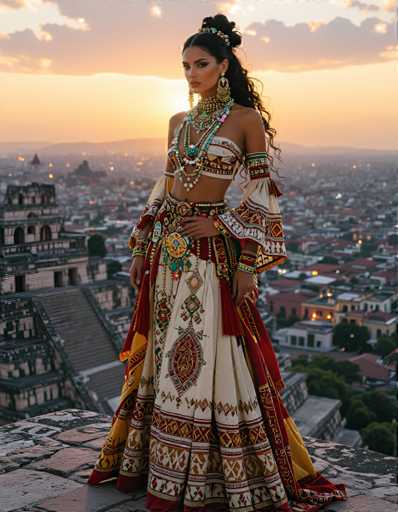 A woman is standing on a stone wall with her back to the camera, wearing a traditional Mexican dress that features intricate patterns and vibrant colors. The dress has a high neckline and long sleeves, adding an air of elegance and grace to her appearance. She is also wearing earrings and a necklace, further enhancing her regal look. In the background, there are buildings visible in the distance, suggesting that she might be in a city or town with architectural charm.