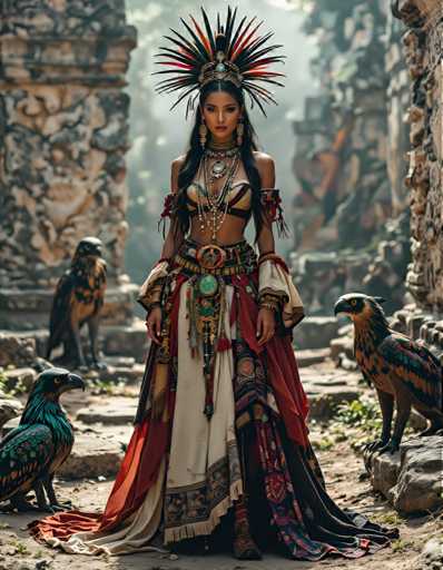 A woman stands in front of a stone wall with her back turned towards the camera. She is wearing a traditional Mexican dress and headdress adorned with feathers. The woman holds a bird in her hand. In the background, there are two birds perched on rocks.